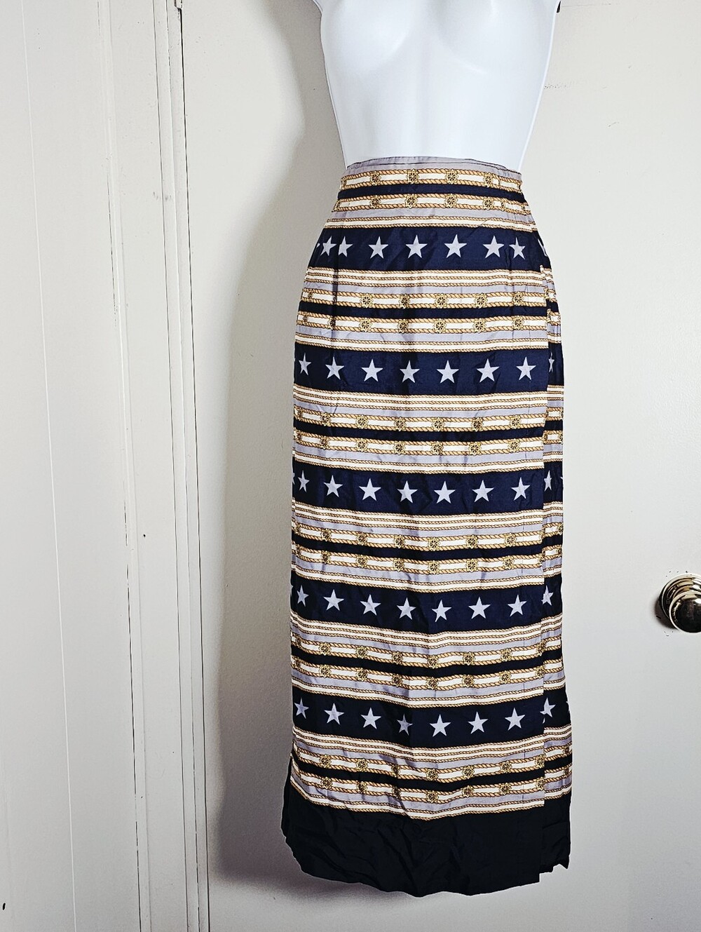 Vintage 1990s Deadstock NWT Karen Scott Nautical Star Rope Print Midi Skirt S
